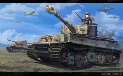  1girl artist_name balkenkreuz battle bf_109 black_border border camouflage camouflage_jacket cross green_jacket gun hair_flowing_over hat highres jacket long_hair machine_gun makiyo_shine mg34 military_hat military_vehicle motor_vehicle orange_hair original solo tank tiger_i vehicle_focus weapon wehrmacht world_war_ii 