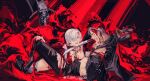  1boy 1girl absurdres blood blood_on_clothes blood_on_face blue_eyes breasts brother_and_sister coat dante_(devil_may_cry) devil_may_cry_(series) devil_may_cry_3 fingerless_gloves genderswap genderswap_(mtf) gloves highres holding incest injury looking_at_another male_focus pants pool_of_blood rebellion_(sword) red_coat siblings sin_node smile torn_clothes torn_pants twincest twins vergil_(devil_may_cry) weapon white_hair yamato_(sword) 