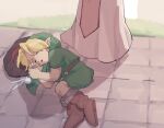  1boy 1girl belt blonde_hair boots brown_belt brown_footwear child closed_eyes commentary_request deku_shield dress fairy fetal_position green_hat green_tunic hat link long_dress lying navi on_side out_of_frame parted_lips pink_dress pointy_ears princess_zelda shield sleeping standing the_legend_of_zelda the_legend_of_zelda:_ocarina_of_time two-tone_dress white_dress wooden_shield yamori_(yamoooon21) young_link young_zelda 