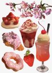  artist_name branch cherry croissant cup disposable_cup doughnut fine_9725 food food_focus fruit highres ice_cream ice_cream_float icing no_humans original pastry simple_background soft_serve still_life strawberry strawberry_syrup white_background 