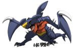  black_sclera claws colored_sclera commentary garchomp gigobyte350 highres korean_text looking_at_viewer no_humans open_mouth pokemon pokemon_(creature) sharp-teeth simple_background solo tongue white_background yellow_eyes 