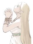  1girl bare_shoulders blonde_hair bracelet dress from_side green_eyes highres interlocked_fingers jewelry long_hair looking_up necklace own_hands_together parted_lips pointy_ears praying princess_zelda simple_background solo straight_hair strapless strapless_dress the_legend_of_zelda the_legend_of_zelda:_breath_of_the_wild upper_body white_background white_dress yamori_(yamoooon21) 