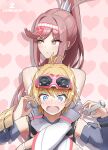  1boy 1girl absurdres ahoge anger_vein artist_name blonde_hair blue_eyes blush brown_eyes commentary english_commentary glimmer_(xenoblade) glint goggles goggles_on_head hair_intakes heart heart_background high_ponytail highres holding holding_wrench hug looking_to_the_side nikol_(xenoblade) open_mouth pink_background pout redhead simple_background twitter_username v-shaped_eyebrows wrench xenoblade_chronicles_(series) xenoblade_chronicles_3 xenoblade_chronicles_3:_future_redeemed zambonito 