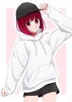  1girl :q absurdres arima_kana black_hair black_shorts blush bob_cut closed_mouth hat highres hood hoodie inverted_bob long_sleeves looking_at_viewer medium_hair nm_(blue-rapid) oshi_no_ko red_eyes redhead shorts smile solo tongue tongue_out white_hoodie 