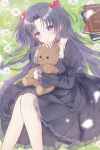  1girl black_dress blue_hair book clannad commentary_request dress feet_out_of_frame flower hair_bobbles hair_ornament highres hugging_doll hugging_object ichinose_kotomi juliet_sleeves long_hair long_sleeves lying puffy_sleeves sakura_aki solo stuffed_animal stuffed_toy teddy_bear two_side_up violet_eyes 