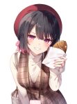  1girl bag beret black_hair blush breasts brown_dress commentary_request dress food grin hair_between_eyes hand_up hat highres holding holding_food long_sleeves looking_at_viewer medium_breasts plaid plaid_dress red_hat satou_koharu shio_taiou_no_satou-san_ga_ore_ni_dake_amai shirt simple_background sleeves_past_wrists smile solo taiyaki tetsu_tissue turtleneck v-shaped_eyebrows violet_eyes wagashi white_background white_shirt 