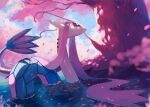  artist_name blurry blurry_background blurry_foreground cherry_blossoms falling_petals fish highres milotic no_humans partially_submerged petals pokemon pokemon_(creature) rongai28 snake solo tree water 