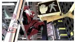  1boy absurdres border building cityscape english_text galanmccree highres lamppost looking_at_viewer male_focus marvel night simple_background skyscraper solo spider-man spider-man_(series) superhero_costume white_border 