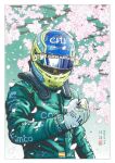  1boy aston_martin blue_helmet cherry_blossoms citi_bank clenched_hand fernando_alonso formula_one green_jumpsuit helmet jumpsuit kondo_koji_(kojikon) male_focus multicolored_helmet racing_suit real_life solo spanish_flag star_(symbol) upper_body yellow_helmet 