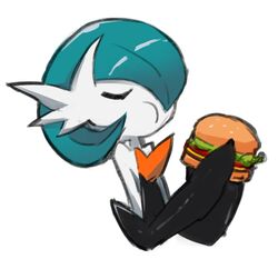  alternate_color black_dress black_gloves blue_hair bob_cut burger closed_eyes dmt_(auburn) dress eating elbow_gloves food food_in_mouth gardevoir gloves holding holding_burger holding_food mega_gardevoir mega_pokemon pokemon pokemon_(creature) shiny_pokemon simple_background strapless strapless_dress white_background 