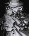  1boy au_(d_elete) black_background cloak edmond_dantes_(fate) fate/grand_order fate_(series) fedora grey_hair greyscale hair_over_one_eye hat highres male_focus monochrome signature twitter_username 