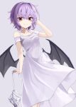  1girl akisome_hatsuka alternate_costume arm_behind_head bare_shoulders bat_wings breasts closed_mouth closed_umbrella commentary_request crossed_bangs dress fang hair_between_eyes leaning_on_object pointy_ears purple_hair red_eyes remilia_scarlet short_hair simple_background small_breasts solo touhou umbrella white_dress wings 