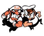  2boys big_nose black_hair black_overalls chef_hat clenched_teeth facial_hair gloves hat multiple_boys muscular muscular_male mustache one_eye_closed overalls peppino_spaghetti pizza_tower pointy_ears scrubbdubb shirt teeth wario wario_land white_gloves white_hat white_shirt 