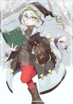  1girl asteria_of_the_white_woods bag book boots duel_monster grey_eyes highres jacket leg_up long_sleeves looking_at_viewer low_side_ponytail monocle pinyata_(pinyaland) red_thighhighs shoulder_bag solo standing sweater thigh-highs white_hair yu-gi-oh! 