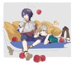  2boys aged_down apple aqua_shirt arm_on_another&#039;s_leg armlet artist_name aventurine_(honkai:_star_rail) bangle black_socks blonde_hair blue_eyes blue_hair blue_shorts book border bracelet brown_eyes brown_footwear caelus_(honkai:_star_rail) chaise_longue dark_blue_hair dot_nose dropped_food elbow_rest food fruit giri_az grey_background hair_between_eyes hair_ornament hand_on_own_chest hand_up hands_up holding holding_book holding_pillow honkai:_star_rail honkai_(series) jewelry leaf_hair_ornament legs_apart light_frown looking_ahead looking_at_another looking_up lying male_focus multiple_boys necklace object_on_head on_stomach open_book open_mouth parted_hair pillow print_socks red_apple ringed_eyes rubber_duck sandals shirt short_sleeves shorts sitting socks sweatdrop t-shirt thinking trailblazer_(honkai:_star_rail) two-handed two-tone_eyes violet_eyes white_border white_footwear white_shirt wide_sleeves wolf_cut 