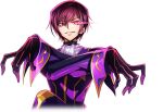  1boy artist_request ascot black_gloves black_hair coat code_geass code_geass:_lost_stories cropped_torso crossed_arms eye_trail game_cg geass gloves glowing glowing_eye grin hair_between_eyes hands_up happy highres lelouch_vi_britannia light_trail long_sleeves looking_at_viewer male_focus non-web_source official_art purple_coat short_hair sidelocks simple_background smile solo teeth transparent_background underlighting upper_body v-shaped_eyebrows violet_eyes white_ascot zero_(code_geass) 