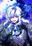  1boy argalia_(project_moon) ascot blue_cape blue_coat blue_eyes cape coat frilled_sleeves frills gloves hands_up highres library_of_ruina long_hair long_sleeves looking_at_viewer male_focus open_mouth project_moon smile solo upper_body very_long_hair white_ascot white_gloves white_hair zerozaki2333 