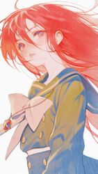  1girl absurdres black_serafuku hair_between_eyes highres jewelry long_hair looking_at_viewer nagamerin necklace parted_lips pendant pink_eyes redhead school_uniform serafuku shakugan_no_shana shana simple_background solo upper_body white_background 