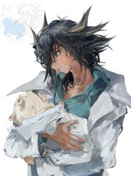  1boy baby black_hair blanket blue_eyes blue_shirt covering_with_blanket crossed_arms dress_shirt facial_tattoo father_and_son fudo_yusei hair_over_shoulder highres holding holding_baby holding_blanket lab_coat looking_at_another looking_down male_focus mokopuru shirt sketch smile spiky_hair tattoo white_background wrapped_up yu-gi-oh! yu-gi-oh!_5d&#039;s 