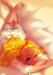  1girl amamiya_elena barefoot blonde_hair braid dark-skinned_female dark_skin ei_(eikun) full_body hairband long_hair looking_at_viewer lying on_stomach precure shirt shorts solo star_twinkle_precure violet_eyes 