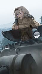  1girl black_hairband blue_pupils breasts commentary firefly_(honkai:_star_rail) forest grey_hair hair_between_eyes hairband highres holding honkai:_star_rail honkai_(series) long_hair long_sleeves looking_at_viewer m4_sherman military military_vehicle motor_vehicle name_connection nature open_mouth outdoors pzkpfwi sherman_firefly solo tank teeth tree two-tone_eyes 