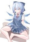  1girl barefoot blue_bow blue_dress blue_hair bow cirno detached_wings dress fairy fairy_wings food food_in_mouth hair_bow hair_ribbon highres ice ice_wings mahoro_(minase_mahoro) popsicle popsicle_in_mouth ribbon short_hair simple_background touhou wings 