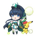  1girl :3 beret black_bow black_bowtie black_hair blue_eyes bow bowtie crossover dot_nose hat holding holding_plant hotarugusa_(onmyoji) long_hair one_eye_closed onmyoji open_mouth pikachu plant pokemon pokemon_(creature) pom_pom_(clothes) red_hat signature very_long_hair white_background wide_sleeves zrae 
