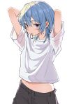  1girl adjusting_hair arms_up blue_eyes blue_hair casual el_(nevelo) grey_pants hair_tie_in_mouth highres hololive hoshimachi_suisei light_blush looking_at_viewer midriff_peek mouth_hold navel pants shirt short_hair short_sleeves simple_background solo t-shirt upper_body white_shirt 