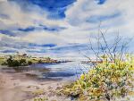  akemisuisai beach blue_sky building clouds cloudy_sky day forest grass highres house nature no_humans ocean original painting_(medium) rock sand seascape shore sky sunlight traditional_media tree water watercolor_(medium) weeds 