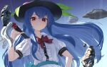  1girl black_hat blue_hair buttons center_frills closed_mouth collared_shirt frills fruit_hat_ornament hair_between_eyes hat highres hinanawi_tenshi holding holding_sword holding_weapon kanpa_(campagne_9) long_hair looking_at_viewer peach_hat_ornament red_eyes shirt short_sleeves smile solo sword sword_of_hisou touhou upper_body weapon white_shirt 