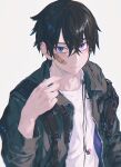  1boy arm_at_side bandaid bandaid_on_cheek bandaid_on_face black_hair black_jacket blue_eyes crossed_bangs double-parted_bangs earphones_removed from_above hair_between_eyes hand_up heterochromia highres jacket layered_clothes notched_ear ohsoukamo open_clothes open_jacket original pink_eyes shirt simple_background solo three_quarter_view upper_body white_background white_shirt zipper 