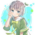  1girl :3 blue_eyes blush bow closed_mouth commentary_request dress fingernails green_dress grey_hair highres leaning_forward looking_at_viewer olive_mix original rinki_oohen sailor_collar short_sleeves solo sprout_on_head upper_body v yellow_bow youtube 
