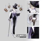  1boy ascot bishounen black_hat black_pants black_shirt black_sleeves blonde_hair buttons cane center_frills chinese_commentary close-up commentary_request frills full_body gem gloves grey_background hair_over_one_eye hat high_collar highres holding holding_cane horns ichi_yasushi long_sleeves male_focus open_mouth original outstretched_hand pants polka_dot polka_dot_background puffy_long_sleeves puffy_sleeves purple_gemstone purple_vest sample_watermark shirt shoes short_hair simple_background smile tachi-e telekinesis top_hat vest violet_eyes watermark white_ascot white_footwear white_gloves white_horns 