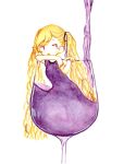  1girl asymmetrical_bangs bad_id bad_twitter_id blonde_hair commentary_request cup dress drinking_glass german_commentary hair_ribbon highres in_container in_cup jitome leaning liquid_clothes long_hair mini_person minigirl open_mouth original painting_(medium) piyoko9494 pouring purple_dress purple_ribbon red_eyes ribbon simple_background solo traditional_media twintails very_long_hair watercolor_(medium) wavy_hair white_background wine_glass 