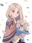  blonde_hair blue_eyes bouquet bow brown_capelet capelet chimney_(chimney0311) fire_emblem fire_emblem:_three_houses garreg_mach_monastery_uniform hair_bow hair_over_shoulder holding holding_bouquet long_hair low-tied_long_hair low_ponytail mercedes_von_martritz 