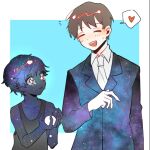  2boys :3 black_eyes blue_hair blue_jacket blue_skin child_of_the_galaxy closed_mouth collared_shirt colored_skin crying e.g.o_(project_moon) employee_(project_moon) heart huabudong jacket lobotomy_corporation long_sleeves multiple_boys necktie project_moon shirt smile sparkling_eyes speech_bubble spoken_heart tears white_necktie white_shirt wing_collar 