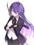  1girl absurdres acheron_(honkai:_star_rail) alternate_costume black_coat black_gloves black_pants coat commentary cowboy_shot gloves hair_ornament highres honkai:_star_rail honkai_(series) long_hair long_sleeves looking_at_viewer open_clothes open_coat pants purple_hair rupinn_art shirt solo standing very_long_hair violet_eyes white_shirt 