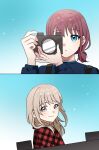  2girls absurdres blue_eyes blue_sweater blush brown_hair camera closed_mouth commentary_request girls_band_cry grey_eyes grey_hair habsida_(habsida_hpy) highres holding holding_camera iseri_nina jacket kawaragi_momoka korean_commentary long_hair long_sleeves looking_at_viewer low_twintails multicolored_hair multiple_girls open_mouth plaid_clothes plaid_jacket red_jacket roots_(hair) short_hair short_twintails sidelocks smile sweater taking_picture twintails 