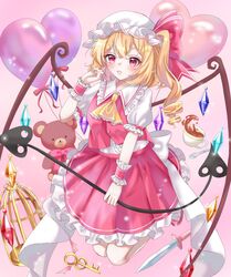  1girl absurdres ascot balloon blonde_hair crystal_wings cup dress flandre_scarlet frilled_dress frills full_body hat hat_ribbon highres jumping laevatein_(touhou) mob_cap open_mouth puffy_short_sleeves puffy_sleeves red_eyes red_ribbon ribbon short_sleeves side_ponytail solo stuffed_animal stuffed_toy teddy_bear touhou wrist_cuffs yellow_ascot yogiri_miri 