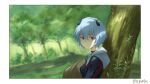  1girl against_tree ayanami_rei blue_hair dappled_sunlight dated forest hair_ornament hat highres looking_at_viewer nature neon_genesis_evangelion red_eyes reyalp short_hair signature solo spacesuit standing sun_hat sunlight tree tree_shade under_tree 