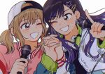  2girls 2hyu_00 azusawa_kohane backwards_hat black_hair blush brown_hair earrings hair_ornament hairclip hat headphones headphones_around_neck highres holding holding_hands holding_microphone index_finger_raised jacket jewelry korean_commentary long_hair long_sleeves microphone multicolored_hair multiple_girls one_eye_closed open_clothes open_jacket project_sekai purple_hair shiraishi_an shirt simple_background star_(symbol) star_earrings star_hair_ornament sweat twintails upper_body white_background 