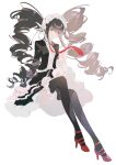  1girl 7tkei absurdres black_hair black_jacket black_skirt black_thighhighs blunt_bangs celestia_ludenberg chinese_commentary collared_shirt commentary_request curly_hair danganronpa:_trigger_happy_havoc danganronpa_(series) drill_hair expressionless floating_neckwear frilled_hairband frilled_sleeves frilled_thighhighs frills from_side full_body hairband high_heels highres invisible_chair jacket layered_skirt layered_sleeves long_hair necktie red_eyes red_footwear red_necktie shirt shoes simple_background sitting skirt solo thigh-highs twin_drills white_background white_hairband white_shirt 