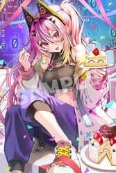  1girl :d animal_ears aria_synth binary box cake cake_slice cat_ears coat english_commentary english_text fake_animal_ears food fork fruit gift gift_box happy holding holding_fork holding_plate jacket kiwi_(fruit) kiwi_slice kubota_masaki mixed-language_commentary mole mole_under_eye multicolored_hair one_side_up open_clothes open_jacket open_mouth orange_eyes pants pink_hair plate purple_pants sample_watermark shoes side_ponytail smile sneakers solo strawberry teeth tongue triangle two-tone_hair upper_teeth_only virtual_youtuber vols watermark white_coat white_footwear white_hair 