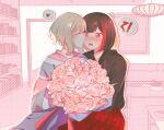  !? 2girls @_@ aoba_moca bang_dream! black_hair black_hoodie blush bookshelf bouquet ch_ban5 closed_eyes commentary english_commentary flower grey_hair hanging_light heart hood hoodie kiss kissing_cheek long_sleeves mitake_ran monochrome_background multicolored_hair multiple_girls open_mouth pink_flower pink_rose red_skirt redhead rose shirt short_hair skirt spoken_heart spoken_interrobang streaked_hair striped_clothes striped_shirt surprised sweatdrop table yuri 