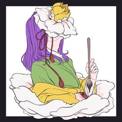  1girl calligraphy_brush covered_face flower green_kimono hieda_no_akyuu highres holding holding_calligraphy_brush holding_paintbrush japanese_clothes kimono long_sleeves mefomefo oversized_plant paintbrush purple_hair short_hair simple_background solo touhou white_flower wide_sleeves yellow_kimono 