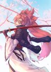  arm_ribbon baiken big_hair cherry_blossoms collared_shirt fingerless_gloves gloves guilty_gear hair_tie holding holding_sword holding_weapon jacket jacket_on_shoulders japanese_clothes kimono long_hair looking_to_the_side obi one_eye_closed online_neet open_clothes open_jacket over_shoulder petals pipe_in_mouth red-tinted_eyewear red_ribbon redhead ribbon samurai sash scar scar_across_eye shirt smoking_pipe sword sword_over_shoulder tinted_eyewear torn_clothes torn_sleeves weapon weapon_over_shoulder white_kimono 