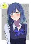  1girl akuseru0923nose black_sweater_vest blue_bow blue_bowtie blue_hair blush bow bowtie emoji green_eyes highres kurokawa_akane medium_hair oshi_no_ko pout shirt solo speech_bubble sweater_vest white_shirt 