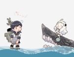  2girls abyssal_ship black_hair black_sailor_collar black_skirt character_name commentary_request eater explosive kantai_collection long_hair machinery mine_(weapon) multiple_girls naval_mine northern_little_sister saiguchi_otoufu sailor_collar school_uniform serafuku shark simple_background skirt standing standing_on_liquid translation_request ushio_(kancolle) white_background 