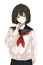  antenna_hair black_hair blue_sailor_collar candy eating food highres holding holding_food lollipop looking_at_viewer neckerchief osanai_yuki pleated_skirt red_eyes red_neckerchief sailor_collar school_uniform serafuku short_hair shoushimin_series skirt upper_body white_background winter_uniform yuuhi_mari 