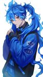  1boy absurdres belt blue_bow blue_bowtie blue_hair blue_jacket blue_lips blush bow bowtie commentary dark_blue_hair eyeliner eyeshadow fiery_hair hand_on_own_face highres hiiragi_hiiro idia_shroud jacket letterman_jacket long_hair long_sleeves looking_at_viewer makeup male_focus ponytail purple_eyeshadow signature simple_background striped_clothes sweatdrop twisted_wonderland upper_body white_background yellow_eyes 